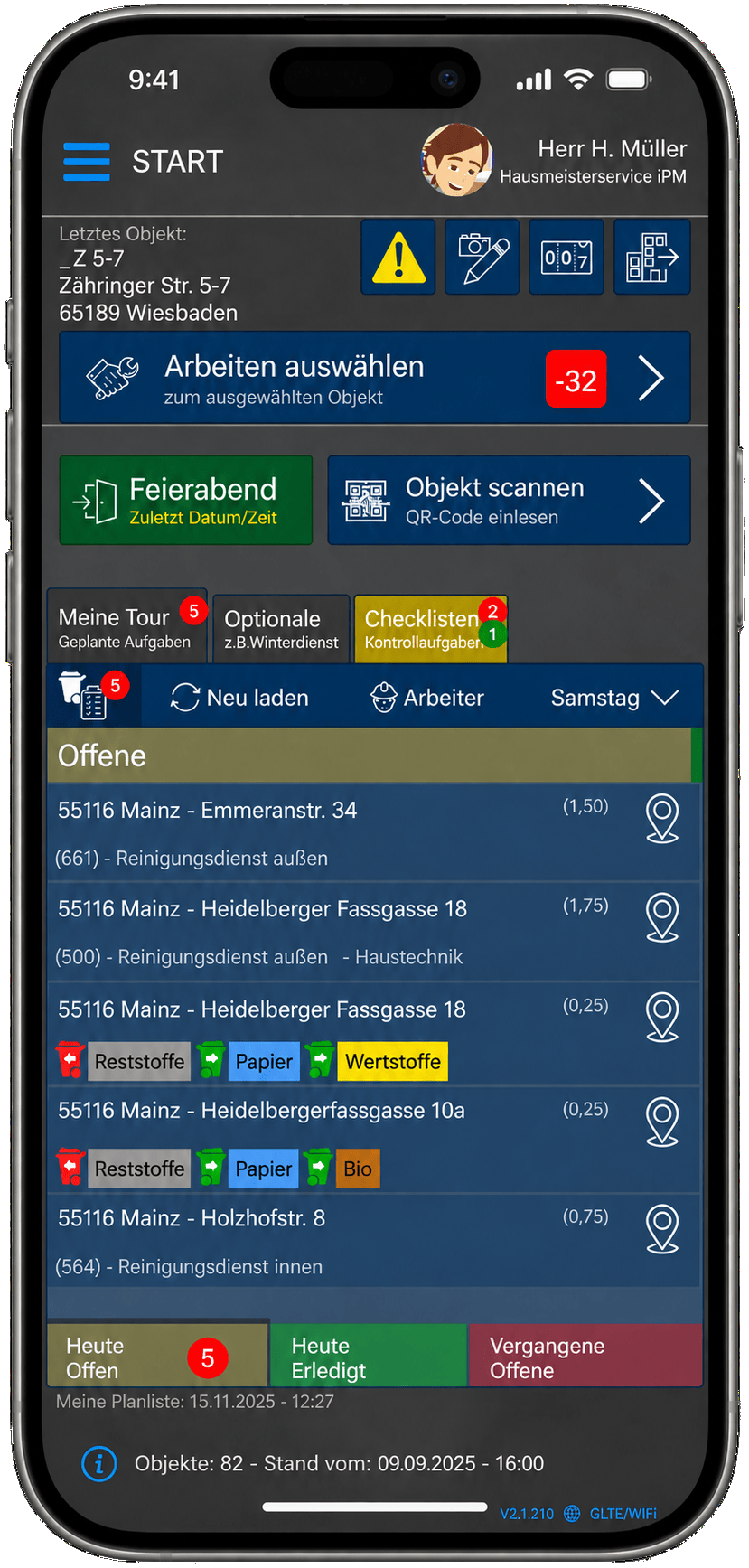 Hauptmenü der iPM-Cloud Hausmeister-App mit Objekt-Scan und fälligen Arbeiten